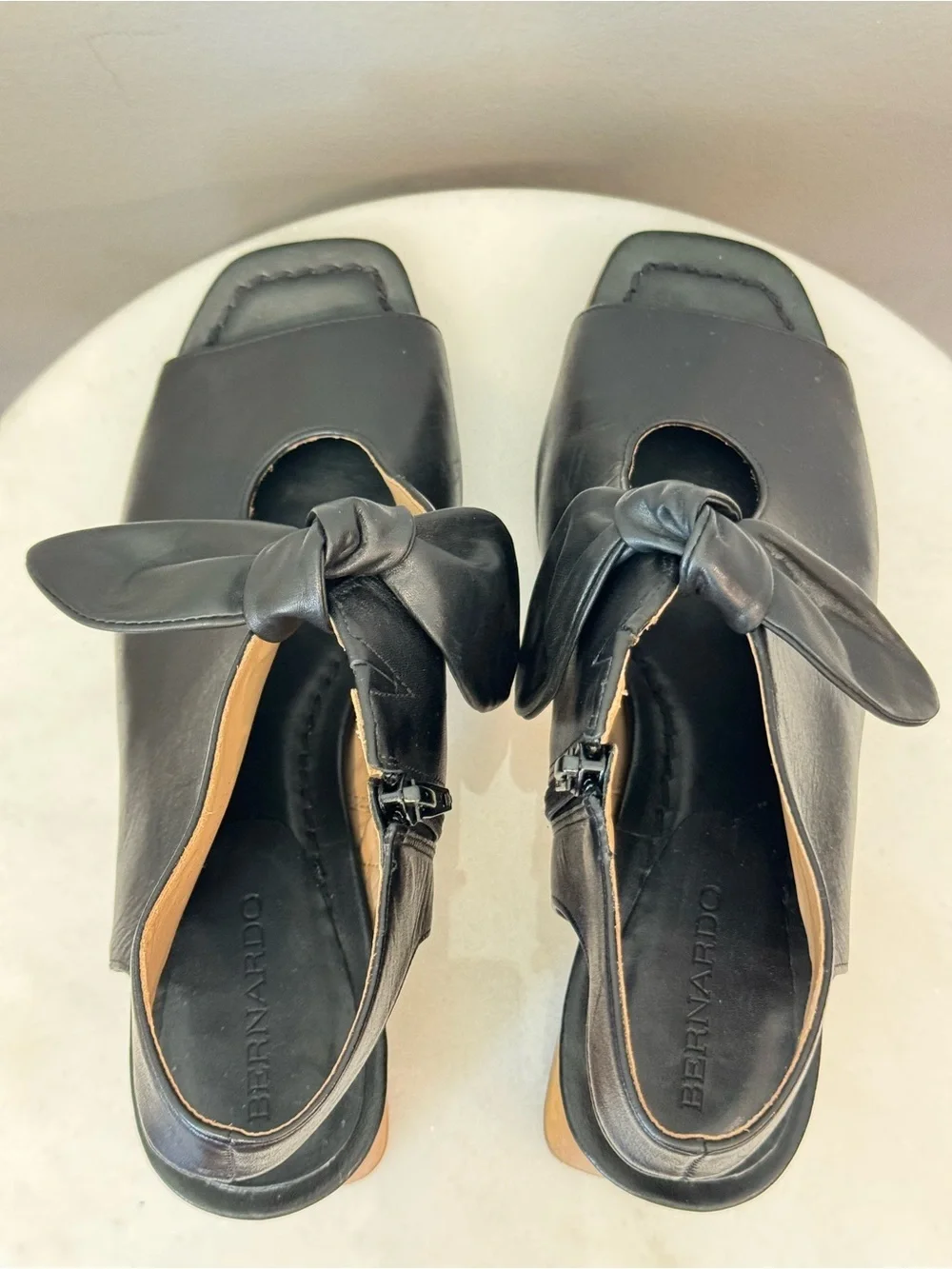 Bernardo Black Leather Open-Toe Knot Block Heel Sandals